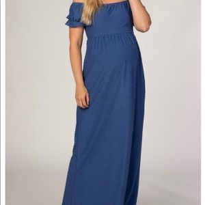 Blue Off Shoulder Textured Polka Dot Short Sleeve Maternity Maxi Dres